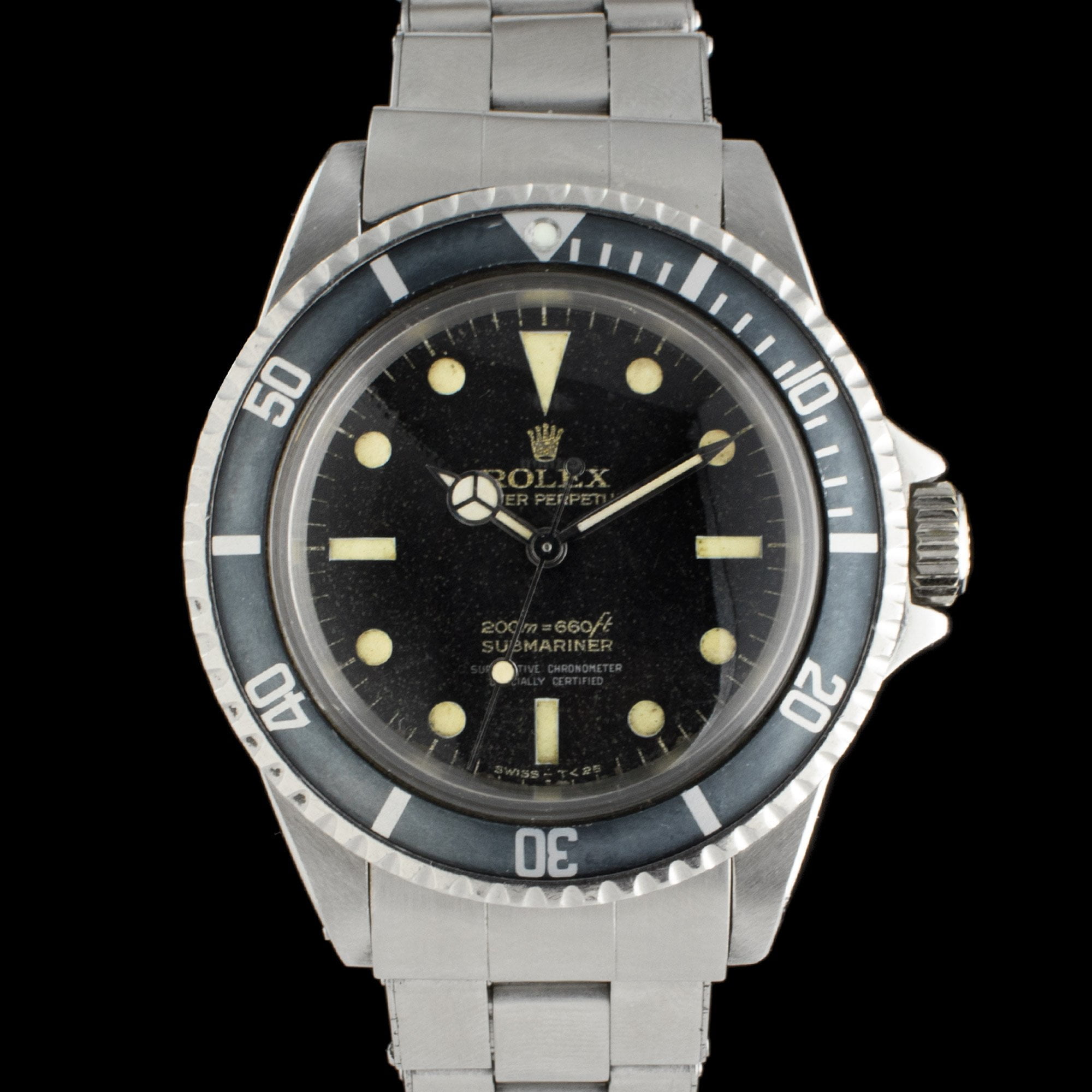 Rolex 5512 — Bart Simpson. Photographed dealer specimen. Documented example: 1965. Production span has not been established. · Photo: Amsterdam Vintage Watches · © Amsterdam Vintage Watches, used with permission · Source: https://amsterdamvintagewatches.com/shop/rolex-submariner-5512-gilt-4-liner/