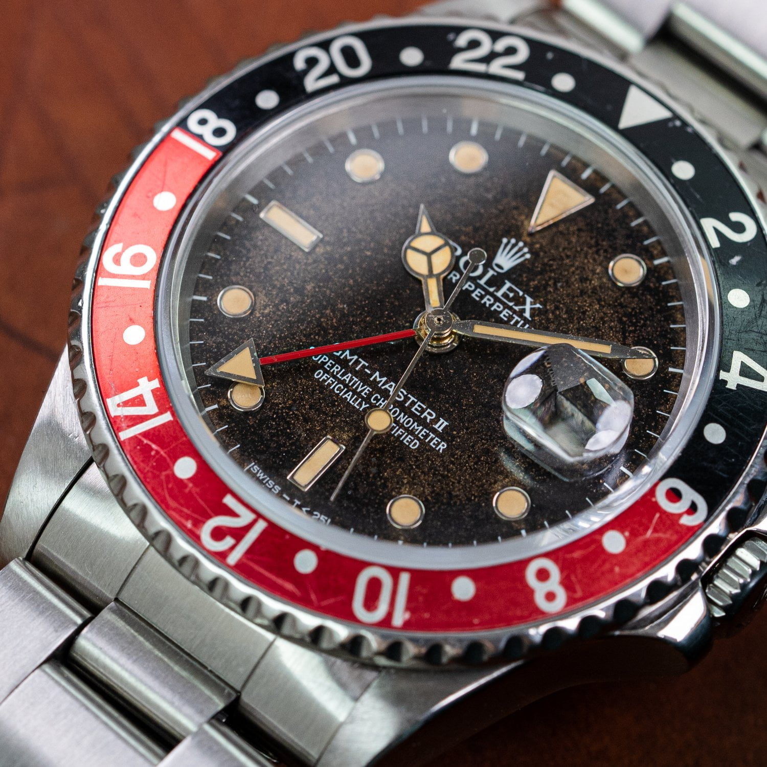 Rolex 16760 — No-Date Dial, Tropical. Photographed dealer specimen. Documented example: 1984. Production span has not been established. · Photo: Amsterdam Vintage Watches · © Amsterdam Vintage Watches, used with permission · Source: https://amsterdamvintagewatches.com/shop/rolex-gmt-master-ii-16760-fat-lady-non-date-tropical/