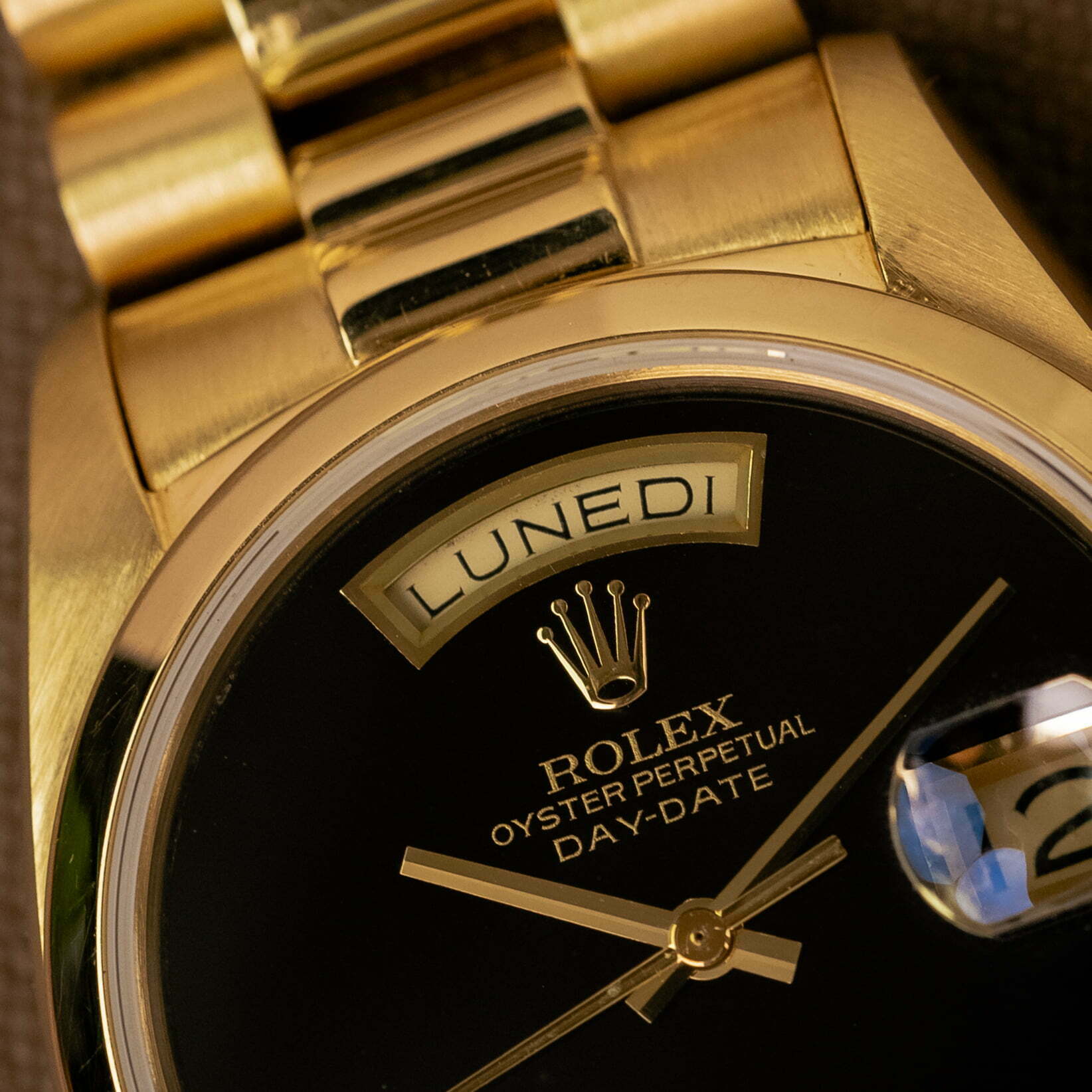 Rolex 18028 — Onyx Dial. Photographed dealer specimen. Documented example: 1978. Production span has not been established. · Photo: Amsterdam Vintage Watches · © Amsterdam Vintage Watches, used with permission · Source: https://amsterdamvintagewatches.com/shop/rolex-day-date-18028-4/