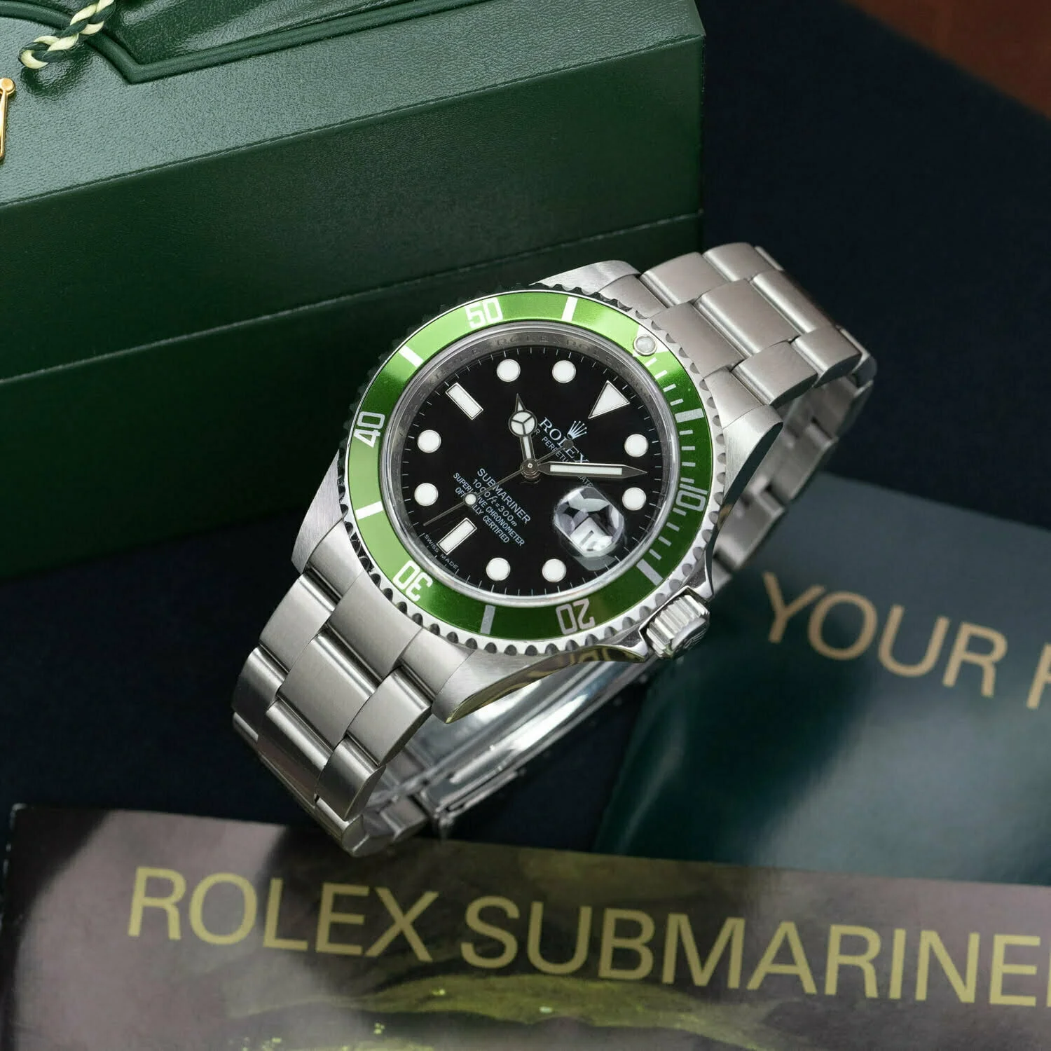 Rolex Submariner with Green Bezel Kermit 40mm Automatic with Box Papers  original receipts 16610LV Vintage