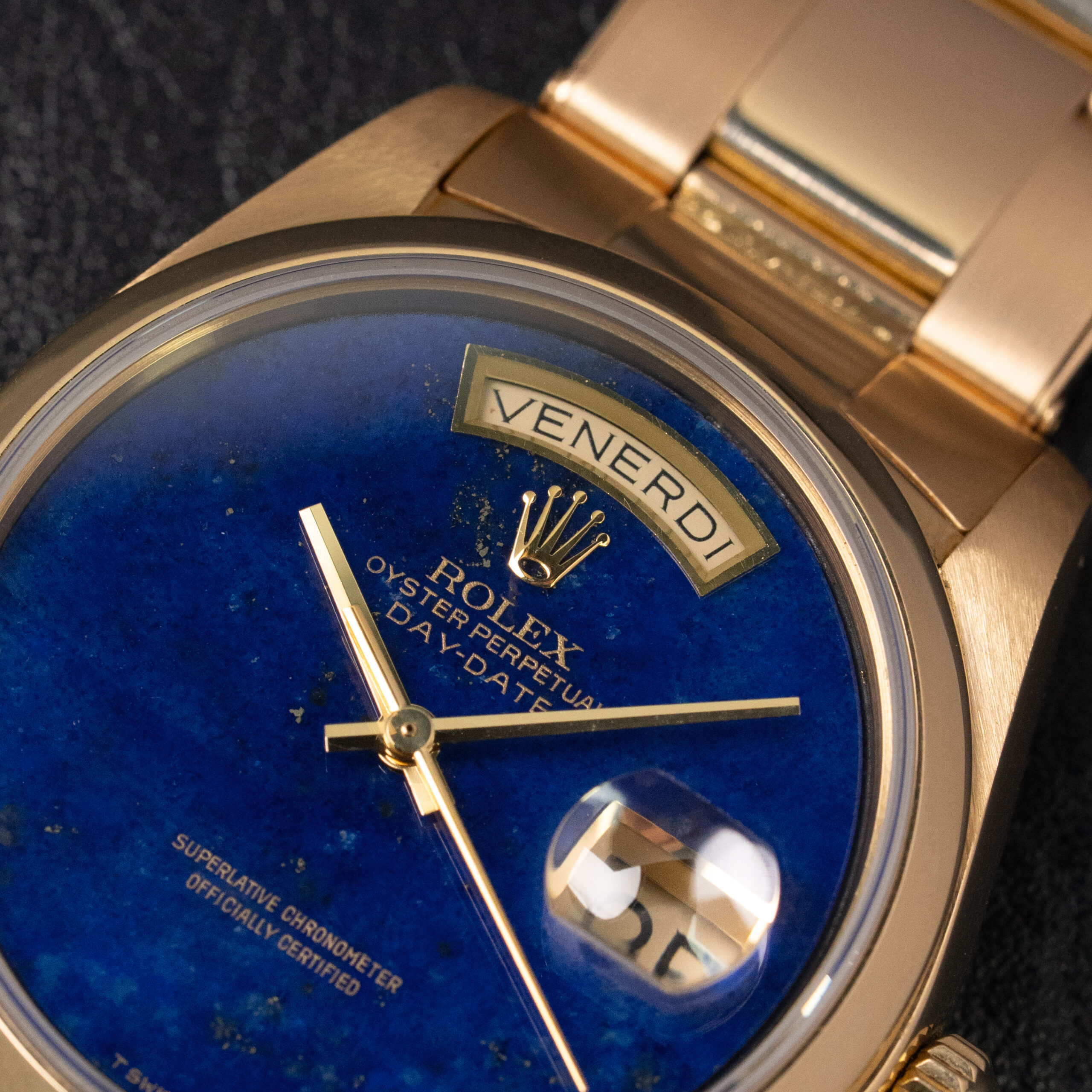 Rolex 18028 — Lapis Lazuli Dial. Photographed dealer specimen. Documented example: 1978. Production span has not been established. · Photo: Amsterdam Vintage Watches · © Amsterdam Vintage Watches, used with permission · Source: https://amsterdamvintagewatches.com/shop/rolex-day-date-18028-lapis-lazuli/